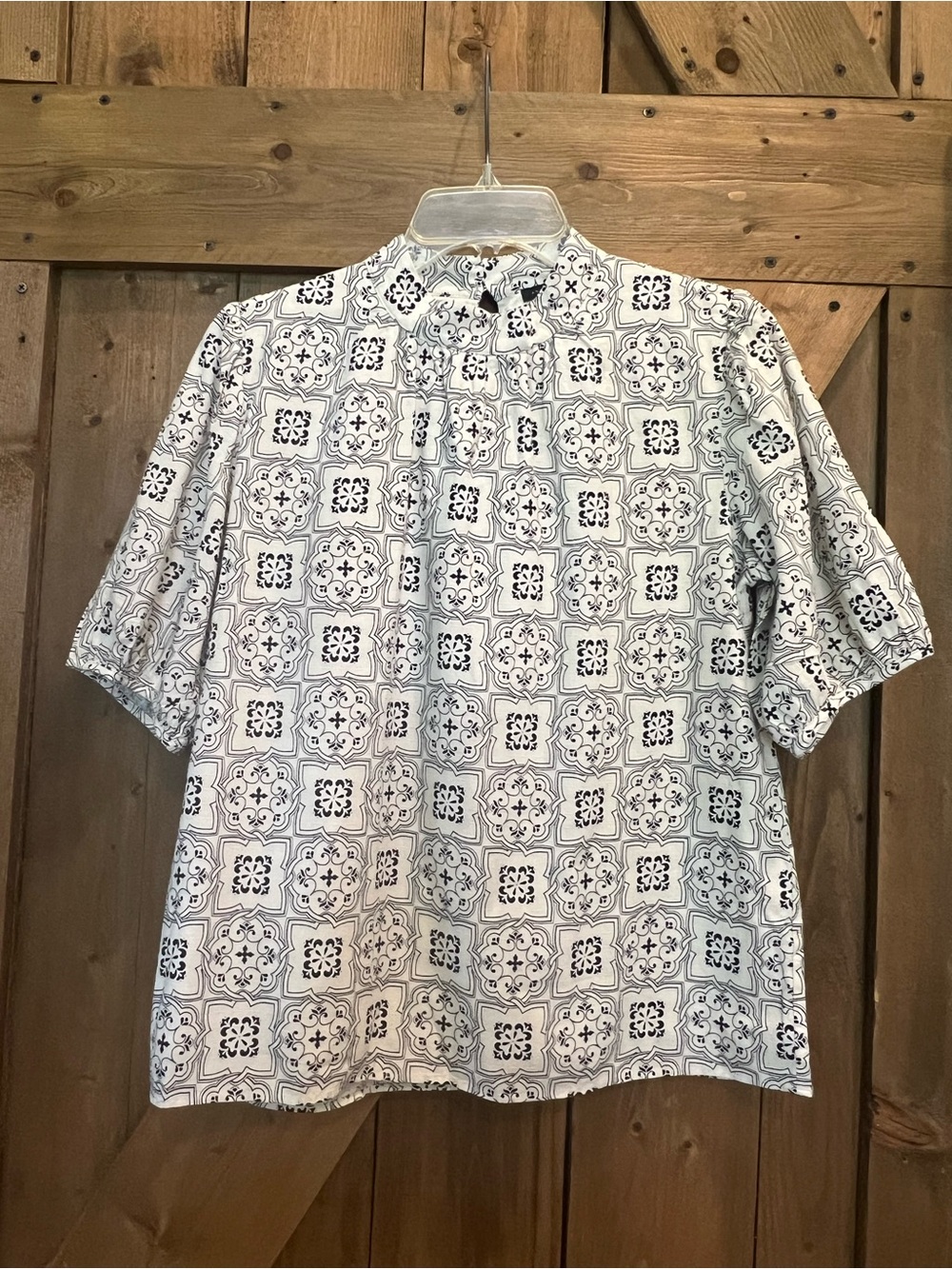 Ann Taylor Cream Short Sleeve Blouse with Black Tile Motif